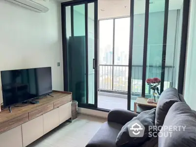 Modern living room with balcony view in urban apartment