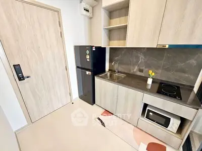 Modern compact kitchen with sleek cabinets and appliances in a stylish apartment.