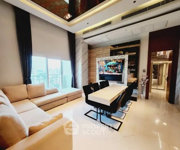 Luxurious modern living room with elegant dining area and city view, featuring high ceilings and stylish decor.