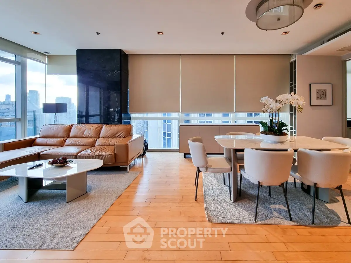 Luxurious modern living room with city view, elegant furniture, and natural light.