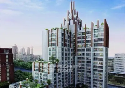 Stunning modern high-rise building with unique architectural design and lush rooftop gardens.