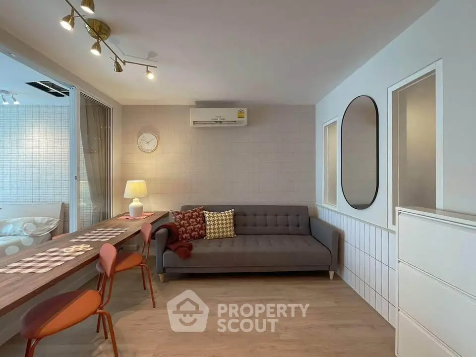 Modern living room with stylish decor and cozy seating area