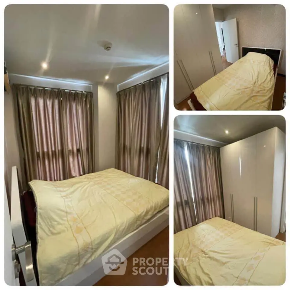 Cozy bedroom with modern design, featuring ample natural light and sleek storage solutions.