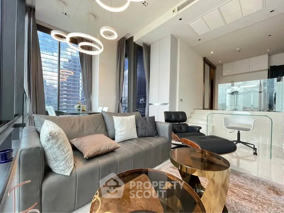 Luxurious modern living room with elegant furniture and stunning city view, perfect for urban living.