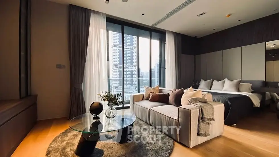 Luxurious modern living room with city view, elegant decor, and cozy ambiance.