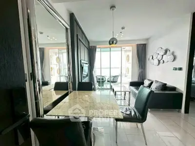 Modern living room with elegant dining area and stylish decor