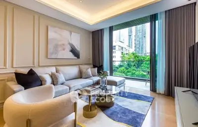 Luxurious living room with modern decor and large windows offering a stunning city view.