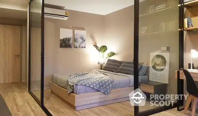 Modern bedroom with glass partition and cozy decor