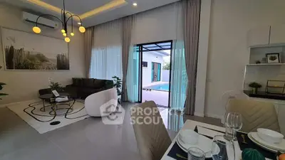 Luxurious open-plan living room with pool view, modern decor, and elegant dining area.