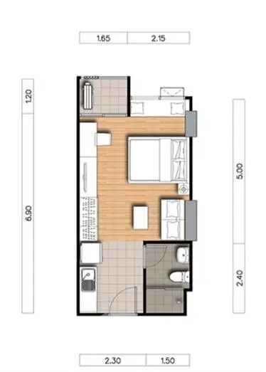 Compact apartment floor plan with bedroom, kitchen, and bathroom layout.