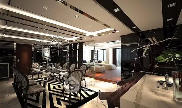 Luxurious modern living room with elegant dining area and stylish decor