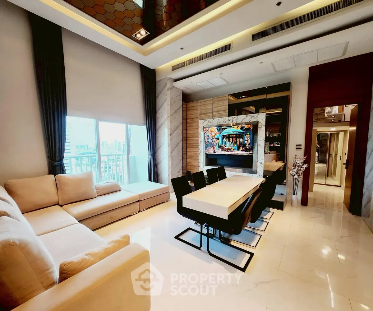Luxurious modern living room with elegant dining area and city view.