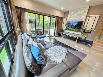 Luxurious modern living room with large windows and elegant decor