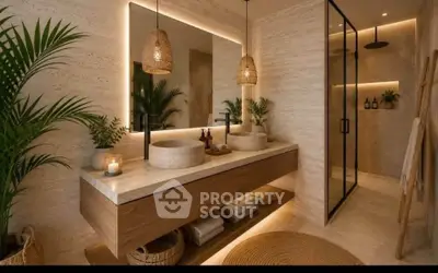Luxurious modern bathroom with double sinks, elegant lighting, and natural decor elements.
