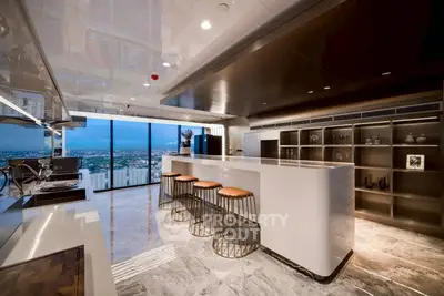 Luxurious modern kitchen with panoramic city view and sleek design