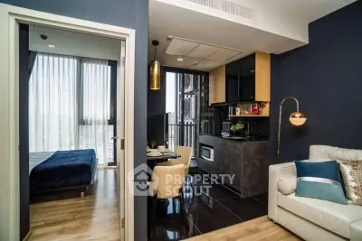 Modern apartment interior with cozy living room, stylish kitchen, and elegant bedroom.