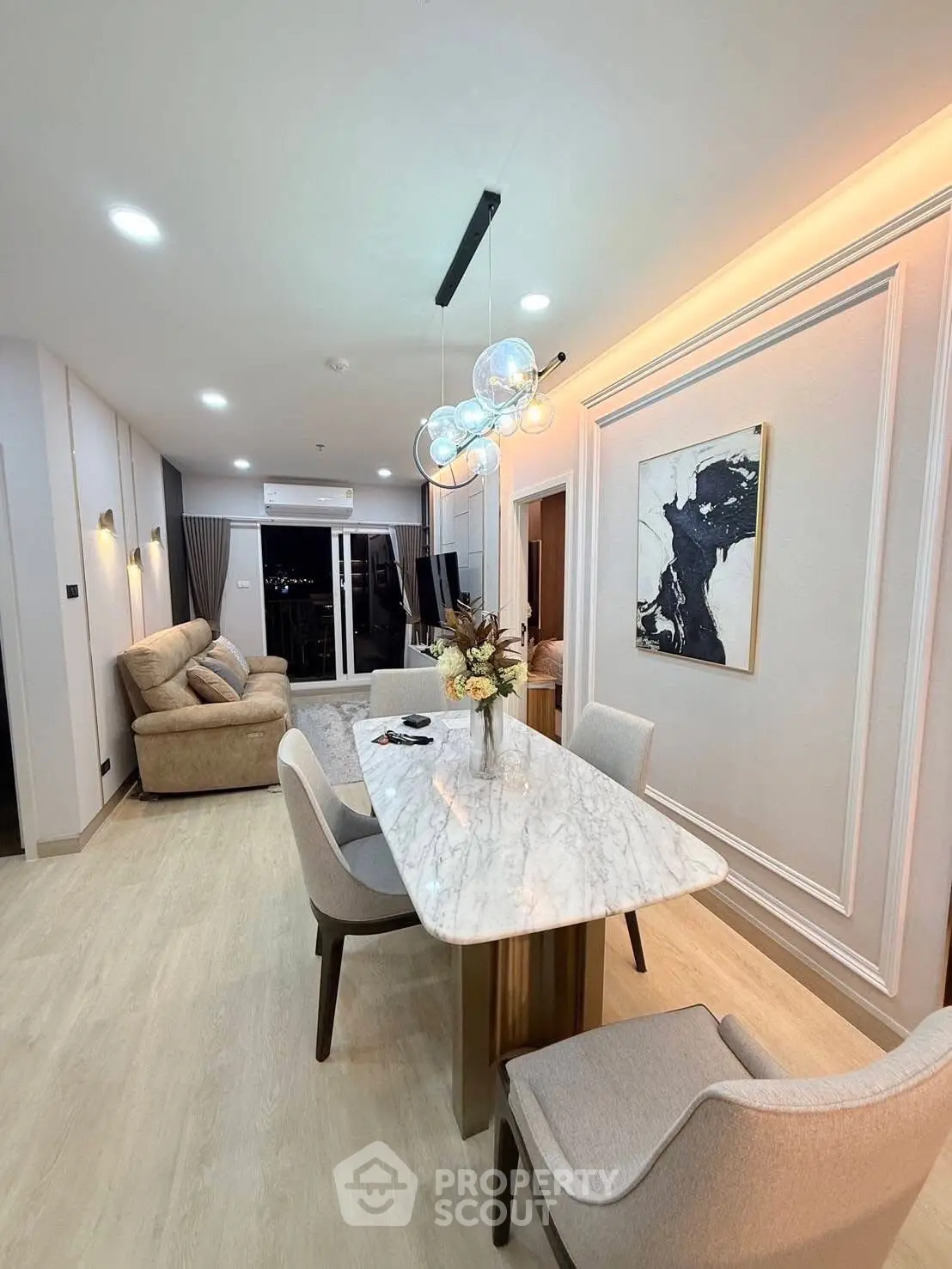 Luxurious modern living room with elegant dining area and stylish decor