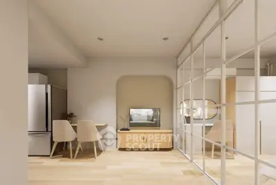 Modern open-plan living room with sleek furniture and glass partition