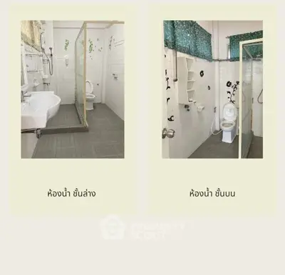 Spacious bathroom with shower and toilet, featuring tiled walls and floors, ideal for modern living.