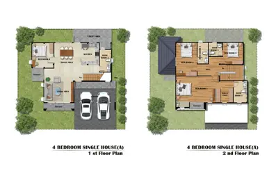 Detailed floor plan of a 4-bedroom single house with spacious layout and modern amenities.