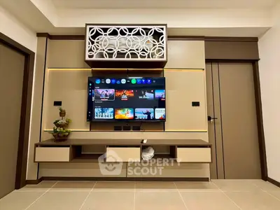 Modern living room with stylish TV unit and decorative wall paneling