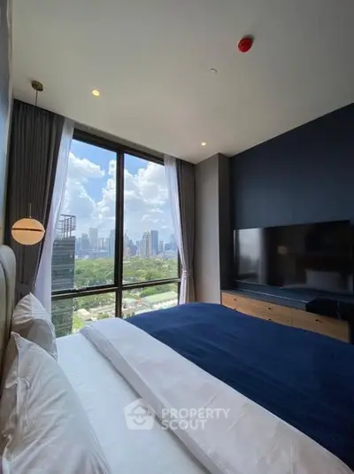 Luxurious bedroom with stunning city view and modern decor