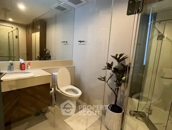 Modern bathroom with glass shower, sleek vanity, and potted plant for a stylish touch.