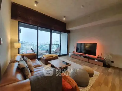 Luxurious living room with city view, modern furniture, and ambient lighting in high-rise apartment.