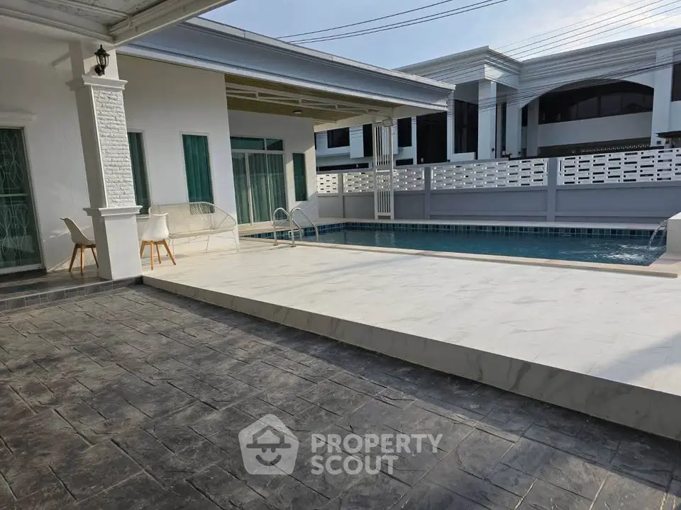 Luxurious modern home with private pool and spacious patio, perfect for relaxation and entertainment.