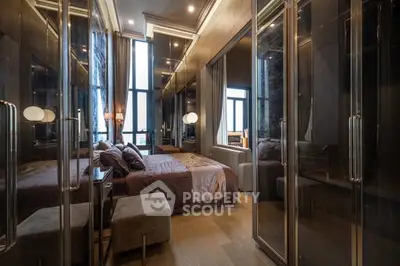 Luxurious modern bedroom with floor-to-ceiling windows and elegant decor.