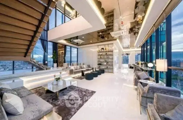 Luxurious modern living room with panoramic city views and elegant decor