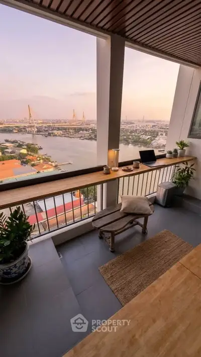 Stunning balcony with river view, perfect for relaxation and work-from-home setup.