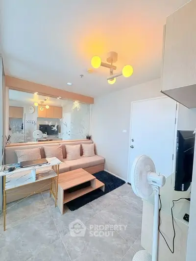 Modern living room with stylish decor and cozy seating area