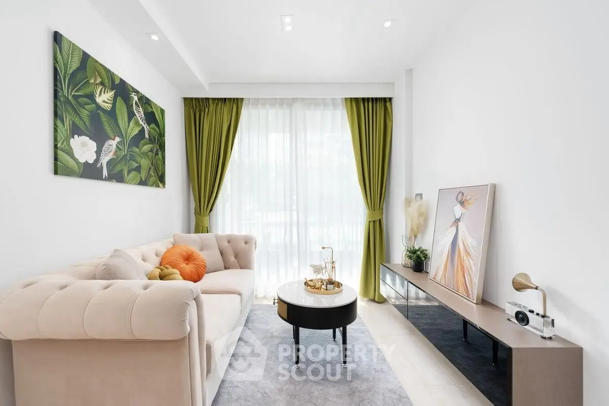 Stylish living room with modern decor, plush sofa, and vibrant green curtains.