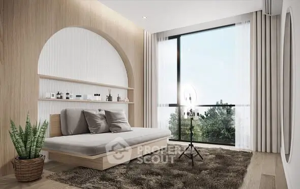 Modern living room with large window and stylish decor