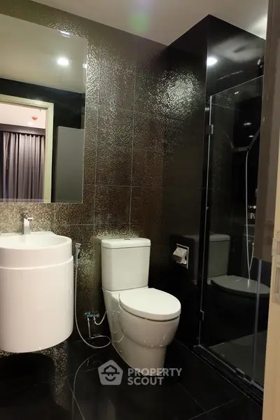 Luxurious modern bathroom with sleek black tiles and glass shower enclosure.