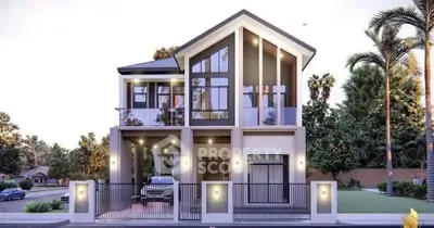Modern two-story house with large windows and sleek design, surrounded by lush greenery.