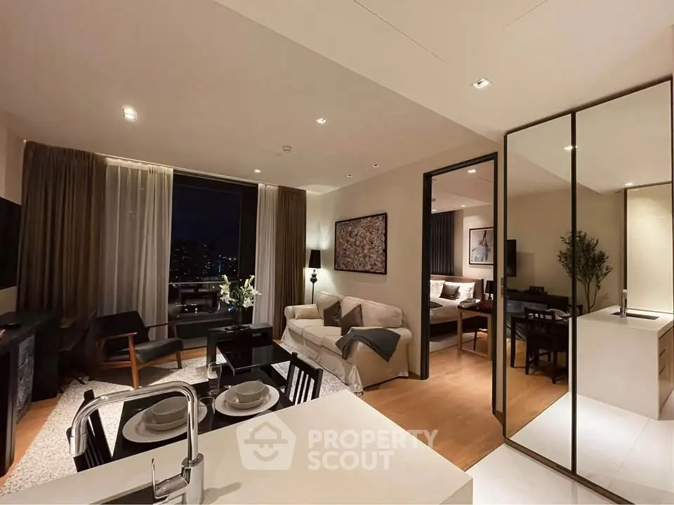 Modern open-plan living room with elegant decor and city view