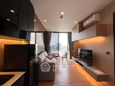 Modern living room with panoramic city view and sleek interior design.