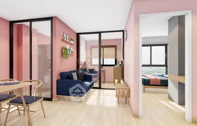 Modern apartment interior with stylish living room and bedroom, featuring pink walls and wooden flooring.