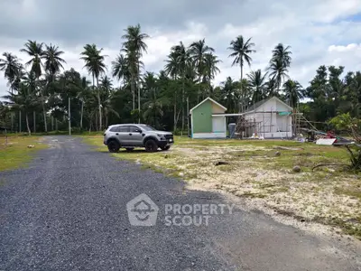 Tropical property with palm trees and small buildings, ideal for development or vacation retreat.