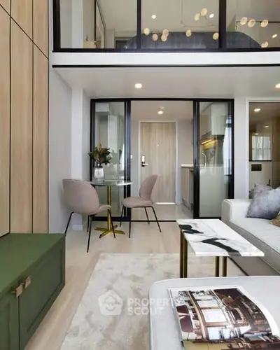Modern living room with high ceiling and mezzanine in stylish apartment