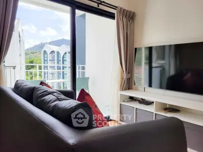 Modern living room with balcony view and sleek furniture in a stylish apartment.