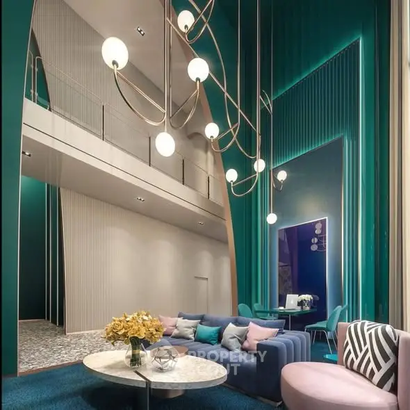 Luxurious modern living room with high ceilings and elegant lighting