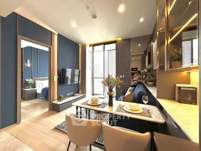 Modern open-plan living room with stylish decor and natural light