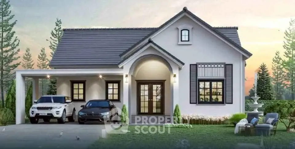 Charming modern house with sleek design, spacious driveway, and lush garden, perfect for serene living.