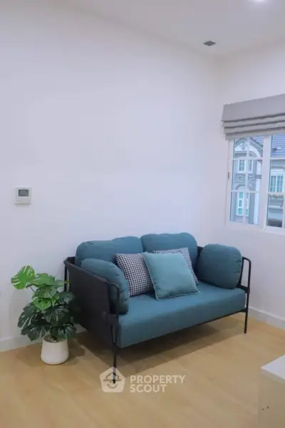 Cozy living room with modern sofa and window view in bright apartment