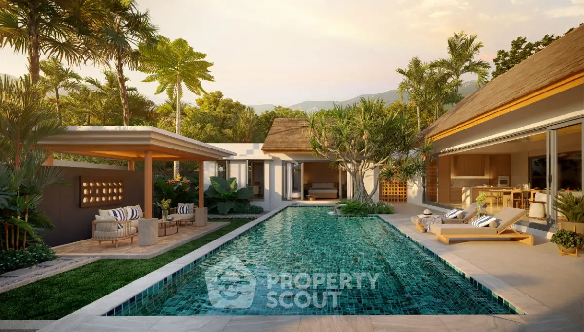 Luxurious tropical villa with private pool and lush garden surroundings.