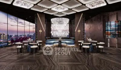 Luxurious modern interior with panoramic city view and elegant chandelier lighting.