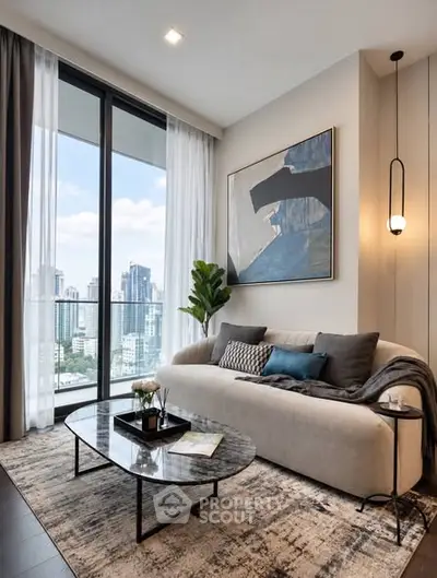 Modern living room with large windows and city view, featuring stylish decor and comfortable seating.